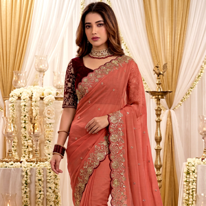 AARA Fashion Elegant Coral Silk <b>Saree</b> Gold Embroidery <b>Maroon</b> Blouse for Wedding Occasion Women Traditional Wear Sun Protection - Product Image 1