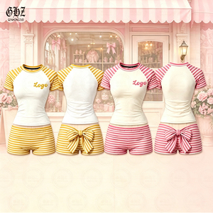 Y2K Zoete Dames Gestreepte Korte Mouwen Pyjama Set Schattige Strik Rug Shorts Tweedelig Loungewear Outfit voor Thuisgebruik Aangepast Logo - Product Image 1