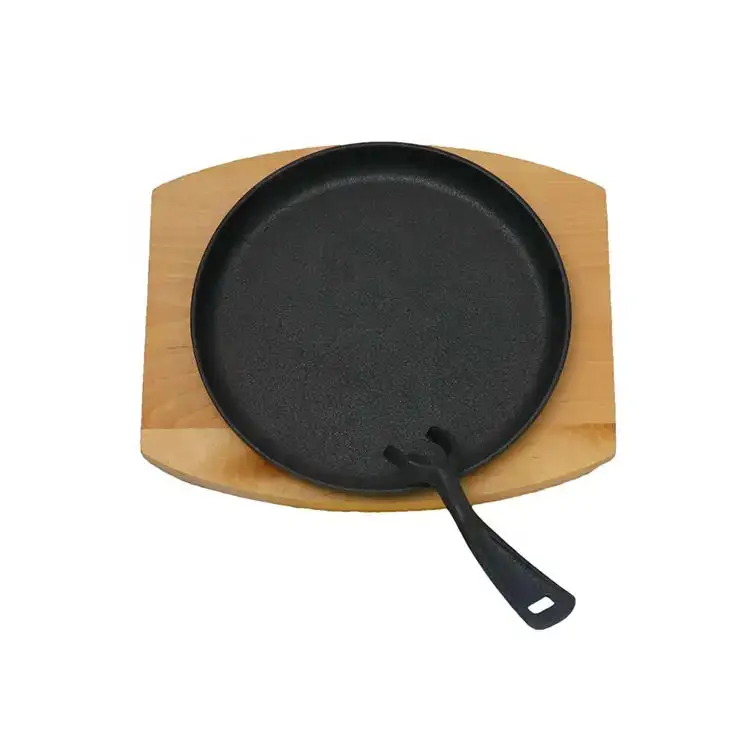 Round cooking steak pan set induction fajita cast-iron-fajita-skillet-with-wooden-base-fry-pan sizzling dish plate