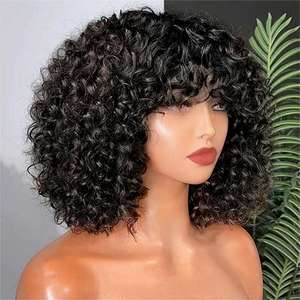 Parrucca Bob Corta Ricci Crespi Nera Naturale 12A Super Double Drawn Remy in Capelli Umani Vergini Senza Colla Senza Pizzo Frontale con Frangia <span class=keywords><strong>Bionda</strong></span> - Product Image 2