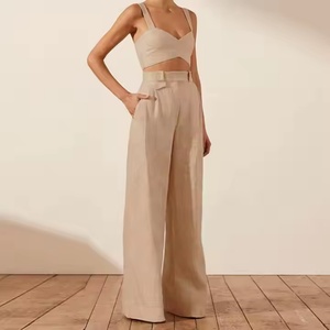 Conjunto de Lino al Por Mayor a Bajo Precio: Top Corto Sexy para Mujer y Pantalones Anchos de Lino de Talle Alto Casuales para Mujer - Product Image 2
