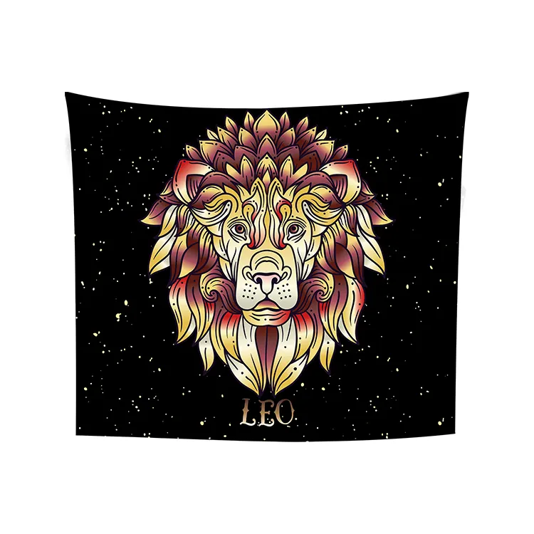 Constellation Leo Tapestry Wall Hanging, Black and Gold Zodiac Tarot Card Tapestry, Leo Moon Stars Wall Tapestries