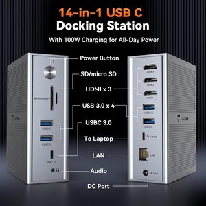 Base de Conexión USB-C para Laptop, 3x4K <span class=keywords><strong>DisplayLink</strong></span>, <span class=keywords><strong>Adaptador</strong></span> de Corriente de 120W para MacBook M1/M5/Windows, 14 Puertos para 2.0, Aluminio - Product Image 2
