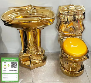 Lavabo de <span class=keywords><strong>colonne</strong></span> de <span class=keywords><strong>toilette</strong></span> en céramique dorée de style européen Lavabo moderne à double chasse rangée horizontale plaqué or mural - Product Image 2