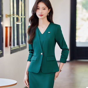 Women's Green Two-Piece Suit Set With Blazer And Midi Skirt Solid Color Satin No-Wrinkle Treatment For Office Wear - Product Image 4