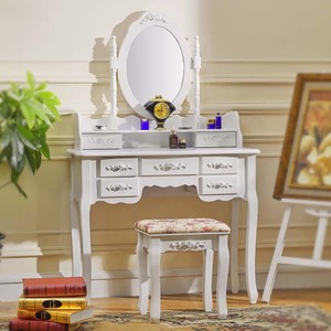 Modernes Schminktisch-Set im Französischen Stil in Weiß mit Dreifach-Spiegel und Hocker für die Wohnung, aus Holzwerkstoffplatte - Product Image 4