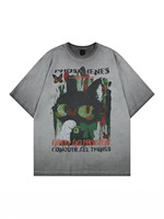 T-shirt personnalisé vintage américain délavé avec imprimé chat, coupe oversize, col rond, manches courtes, style mode hip-hop streetwear pour couple