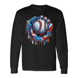 Camiseta de Manga Larga con Estampado Digital de Guante de Béisbol y Chispas de Helado, Cuello Redondo, Unisex para Adultos, para Deportes y Juegos - Product Image 1
