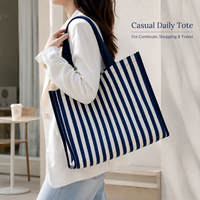 Sac fourre-tout tissé rayé bleu marine et blanc, grande capacité, sac à bandoulière pour ordinateur portable, larges bretelles, coutures renforcées pour le travail, les voyages et le quotidien