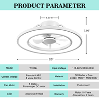 Ventilateur de plafond en acrylique et métal de 20 pouces avec lumière, anneau d'ambiance RGB, application intelligente, moteur DC pour salle à manger, bar, café, personnalisable OEM ODM