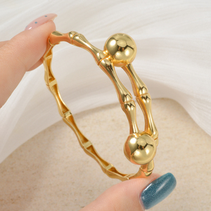 Fashion 18k Gold Plated Pure <b>Copper</b> Wholesale Chic Bamboo Texture Smooth Round Bead For Evening Gathering femme <b>bangles</b> bracelet - Product Image 3