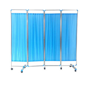 Paravent d'isolement pliable en acier inoxydable bleu à quatre volets pour hôpitaux et cliniques, avec roues de déplacement, en métal durable - Product Image 1