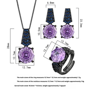 Joyería de Moda Ecológica, Cobre Rodio, Zirconia Violeta de la Más Alta Calidad de 14-12 mm, Juego de Anillo y Pendientes con Colgante Morado - Product Image 2