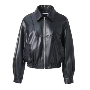Veste courte en <span class=keywords><strong>cuir</strong></span> PU <span class=keywords><strong>noir</strong></span> Outwear Manteau en faux <span class=keywords><strong>cuir</strong></span> bon marché pour femmes - Product Image 2
