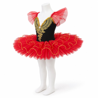 Robe de danse tutu rouge et noire à sequins, broderie dorée, corsage en V profond, jupe en tulle éclatante, costume de film/télévision