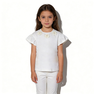 T-shirt da ragazza a maniche corte <span class=keywords><strong>con</strong></span> <span class=keywords><strong>volant</strong></span> sul collo, decorazione floreale 3D <span class=keywords><strong>bianca</strong></span> pura, morbida, delicata sulla pelle e traspirante, direttamente dalla fabbrica. - Product Image 4