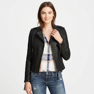 Nouvelle veste en cuir décontractée pour femmes de qualité supérieure, fermeture éclair, motif à carreaux chic pour un style polyvalent, vestes en cuir noires - Product Image 1