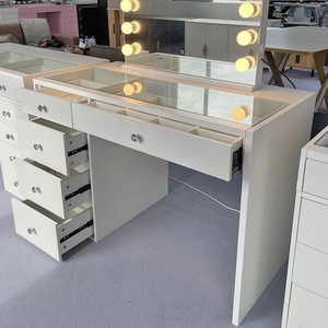 Coiffeuse <span class=keywords><strong>blanche</strong></span> moderne avec éclairage LED pour maquillage, idéale pour boutique de robes de mariée, atelier de beauté, avec 5 tiroirs de rangement - Product Image 2