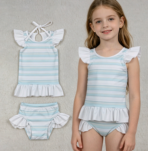 Traje de Baño de 2 Piezas para Bebés Niñas, Diseño Casual con Rayas, 95% Algodón, 5% Elastano, Transpirable, para Primavera y Otoño, Venta al Por Mayor - Product Image 1