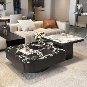 Ensemble table basse et meuble <span class=keywords><strong>TV</strong></span> noir et blanc contrastés - Surface en pierre frittée et armoire en bois (Design minimaliste créatif) - Product Image 2