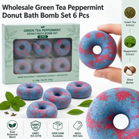 OEM ODM Marca Privada Set de 6 Bombas de Baño Efervescentes en Forma de Donut de Té Verde y Menta, Naturales, Hechas a Mano, Azules y Rojas, Hidratantes