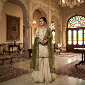 Ensemble Kurta et pantalon traditionnel indien pakistanais pour femmes, avec dupatta vert, coupe ample, longueur au sol, tenue de mariage - Product Image 1