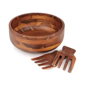 Large Mixing Acacia Wood Salad Bowl With 2 Wooden Hands For Fruits Salad Cereal Cornflake Pasta