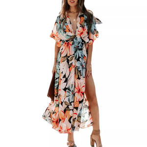 Robe d'été sexy pour femme, col en V, taille haute, respirante, imprimé floral, fendue, style européen-américain, pour le quotidien - Product Image 5
