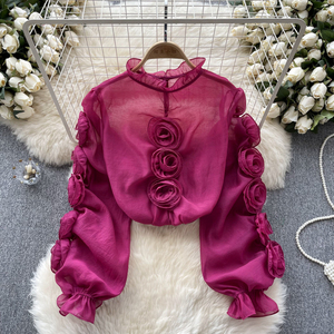 HANOU轻奢华女孩风格灯笼袖衬衫女式纱布立体花朵宽松设计衬衫 - Product Image 4