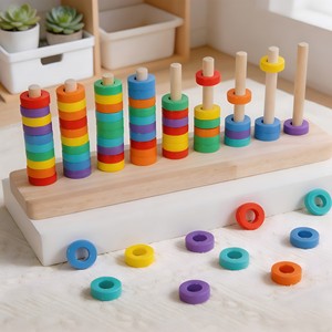 Kids Wooden Color Matching Ring Stacking Game with Spare Pegs, 70PCS <strong>Rainbow</strong> Rings Preschool Early Cognition Training Toy - Product Image 1