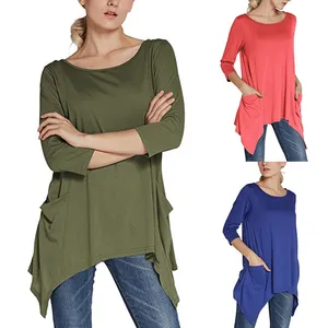 Beauty Women Clothing 3/4 Sleeve Detail Pleated Cotton Tunic With Pocket