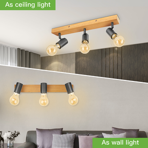Projecteur de plafond industriel rétro noir à 3 spots E27 hautement recommandé |   <span class=keywords><strong>Spot</strong></span> lumineux vintage en métal et <span class=keywords><strong>bois</strong></span> pour intérieur, maison ou boutique - Product Image 4