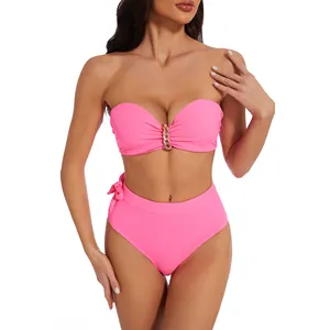 Groothandel Voorraad Rts Roze Off-Shoulder Badpak Sexy Vrouwen Xxx Hot Metallic Tweedelige Bikini 2024