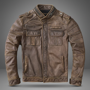 <b>Men's</b> Genuine Leather Motorcycle <b>Jacket</b> Stand Collar Zipper Closure Moto <b>Biker</b> Style Autumn Wear - Product Image 5
