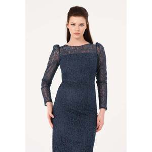 Robe de soirée fourreau 1619, taille naturelle, col bateau, en organza avec couche transparente, noire - Product Image 1