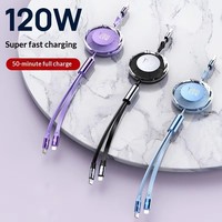 Câble USB rétractable 2-en-2 à charge rapide 120W avec logo personnalisé, compatible iOS 8 broches et Type-C, support de téléphone et appareil photo, en cuivre étamé
