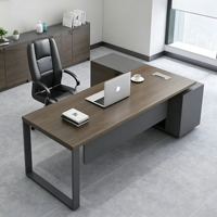 Bureau de direction moderne minimaliste en forme de L avec finition grain de bois, structure métallique et armoire latérale mobile - Mobilier de bureau commercial