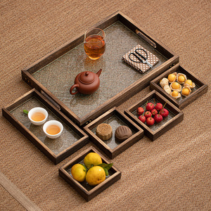 Plateau en bois de Paulownia à cinq compartiments avec insert en verre, rectangulaire, multifonctionnel, pour cérémonie du thé, goûter de l'après-midi, plateau de service pour collations - Product Image 2