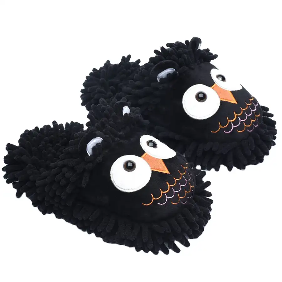 F422 Black Owl Womens Mens Animal Winter Fuzzy Home Slippers Cute Cartoon Mop Fleece Fuzzy Animal Slippers