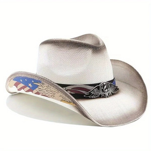 Nouveau chapeau de cowboy/cowgirl western à large bord imprimé, essentiel pour hommes et femmes, en paille tressée, idéal pour les aventures en plein air - Product Image 2