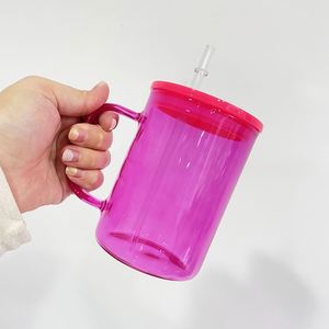 Us Warehouse <b>Bulk</b> 17Oz 17 Oz Jelly Candy Colored Clear Blank Sublimation Glass Coffee Mug With Handle and Plastic Lid - Product Image 3