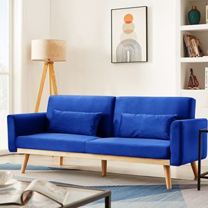 Canapé-lit futon moderne en velours, lit <span class=keywords><strong>d</strong></span>'appoint convertible rembourré avec coussin et cadre en bois, bleu - Product Image 2