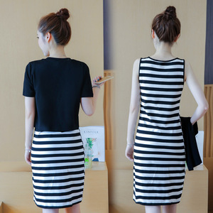 Summer Women's Fashion Set Korean Style Short Sleeve Two Piece Dress Hello Striped Skirt Breathable Leisure Wear - Product Image 4