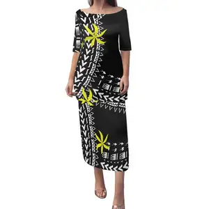 Hawaii Tapa Stammes polynesische Puletasi Kleider Custom Print Schwarz Samoa Puletasi Blumen Pazifik Insel Design Kleid für Frauen