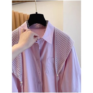 Nuova Collezione Primavera 2026: Set 2 Pezzi con Camicia in Cotone Plus Size e Sciarpa all'Uncinetto, Elegante <span class=keywords><strong>Blusa</strong></span> Rosa Stile Francese Chic - Product Image 6