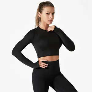 Kadın çabuk kuruyan spor Yoga giysileri katı desen spor streç tayt uzun kollu T-Shirt yetişkinler