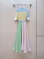 Robe longue 100 % soie pour femme, collection été 2026, idéale pour les soirées, col rabattu, imprimé rayé, manches courtes, bleu rose, longue robe maxi de luxe