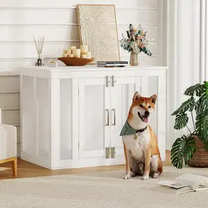 Крытый двухдверный домик для домашних животных, стол для собак, деревянный ящик для собак с подушкой