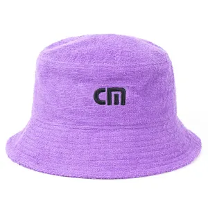 quality purple terry cloth custom embroidery terry towel bucket hat