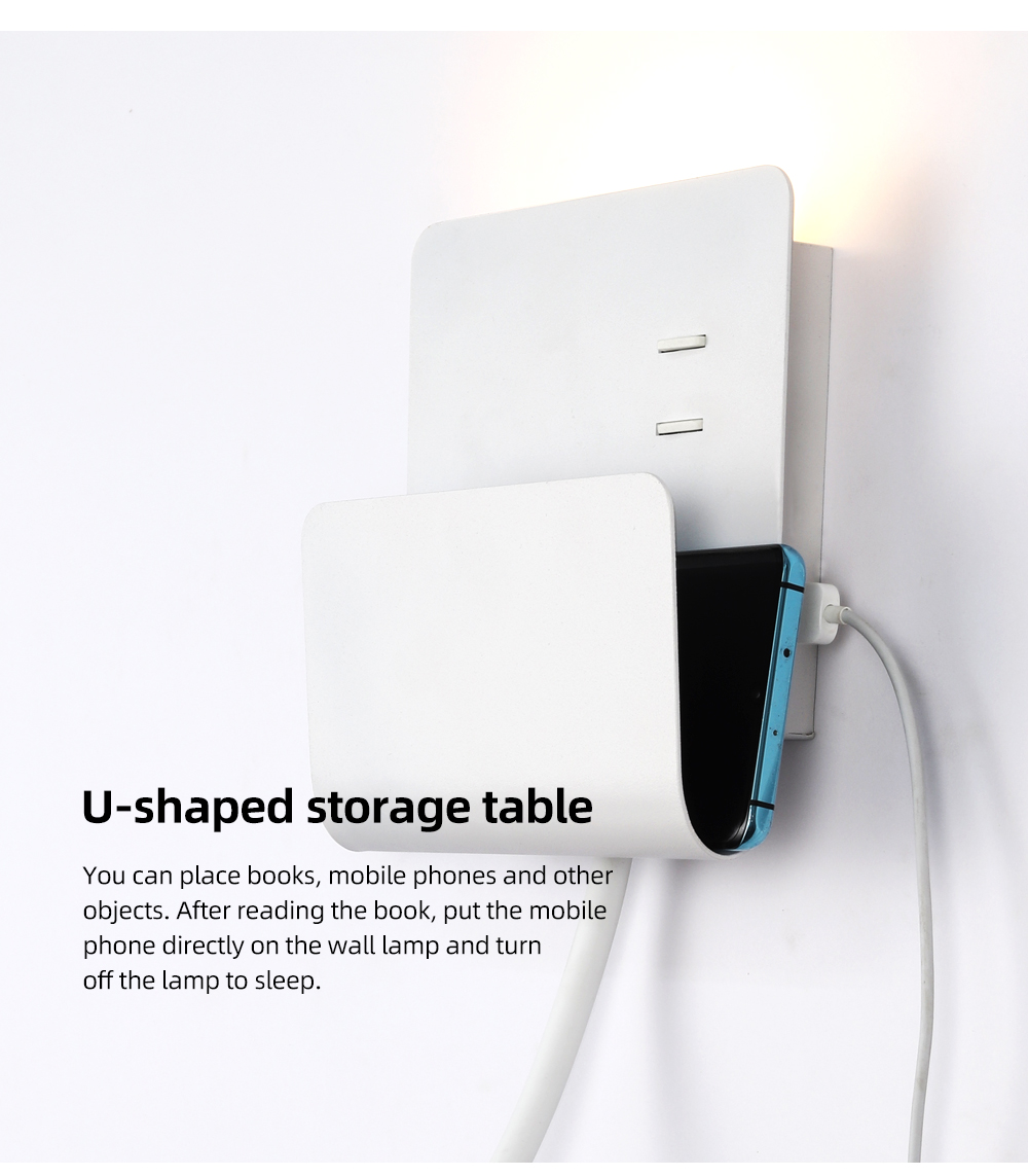 Modern Decorative Led Wall Lamp Bedside Light With  U-Shaped Storage Table With USB Charger For Bedroom